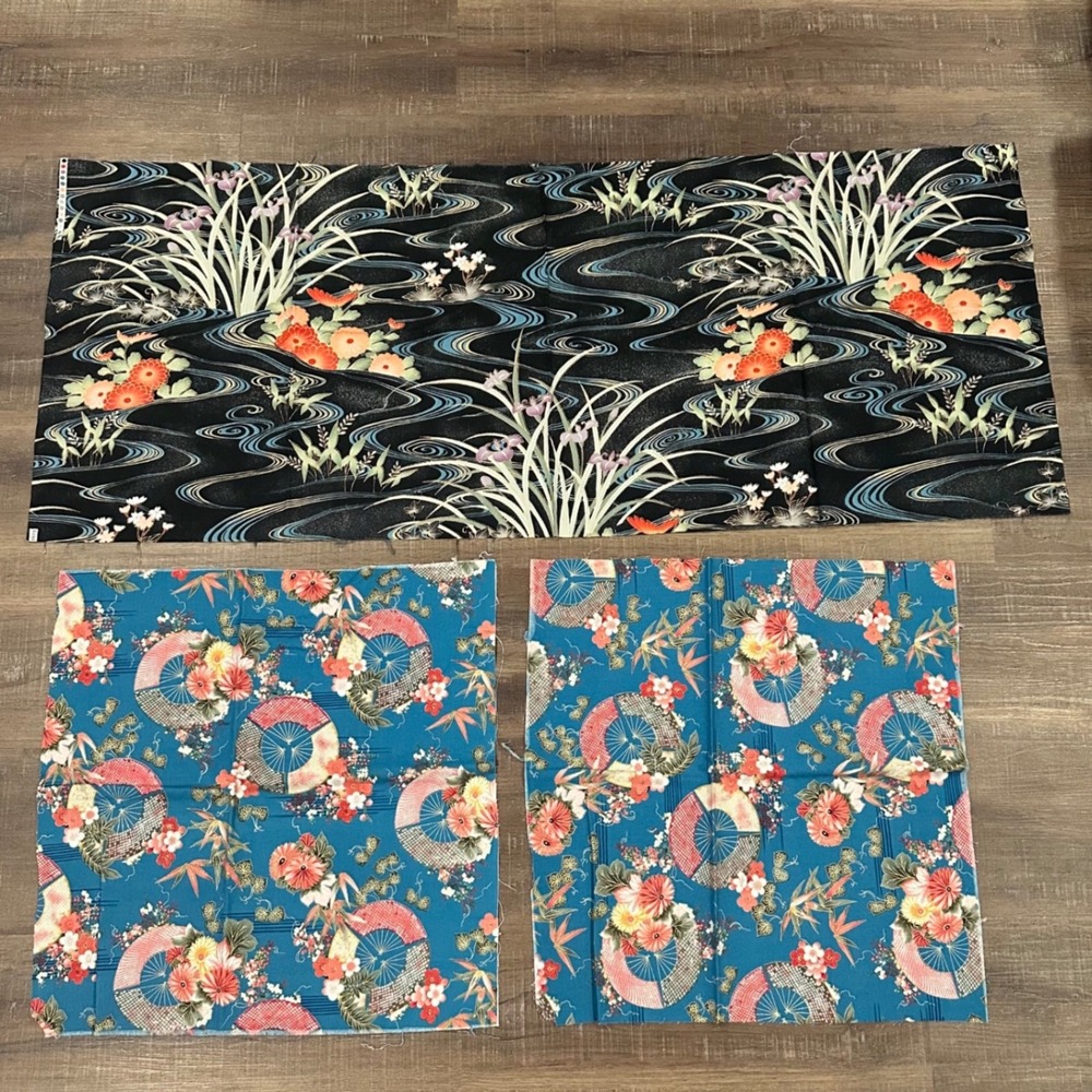 Kona Cotton Japanese Floral Fabric Remnants Lot Black Teal Metallic Gold 3pc OS